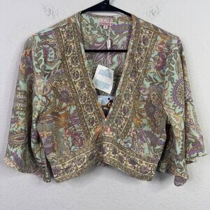 Cienna Shirt S Silk Blend Paisley Kimono Sleeve Cropped Boho Hippie Festival